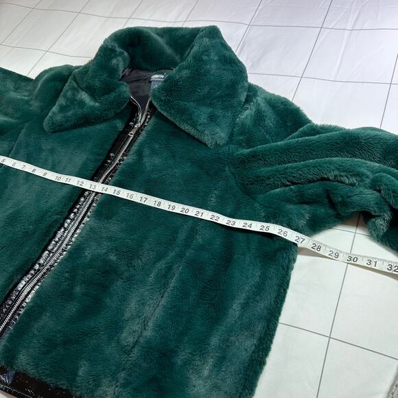 Anthropologie Maeve Jacket Womens 1X Green Faux Fur Bomber Full Zip Patent Fuzzy - Picture 11 of 13